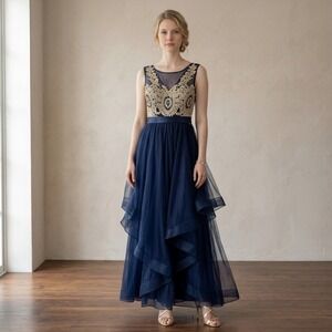 City Triangles Navy Gold Embroidered Tulle Tiered Formal Gown Dress Sz 15 Prom